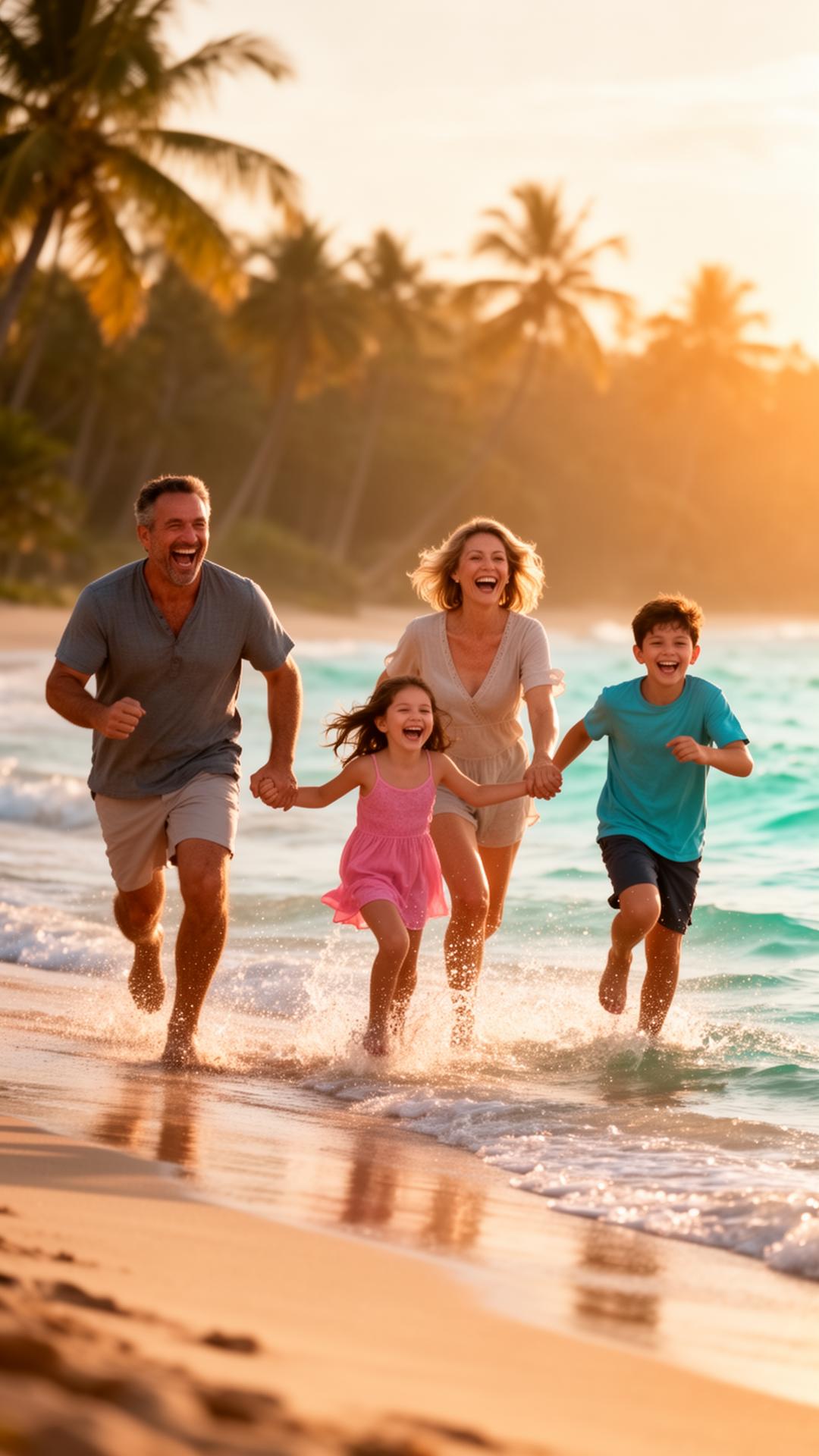 Happy family of four enjoying a tropical beach vacation at sunset